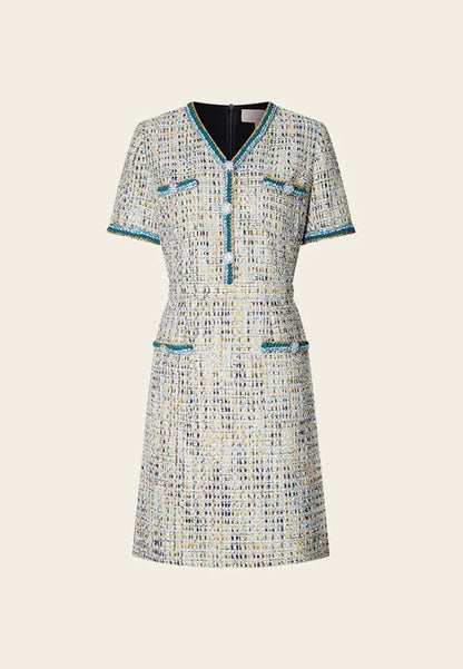 Earth Tone Blue And Gold Detailing Tweed Dress
