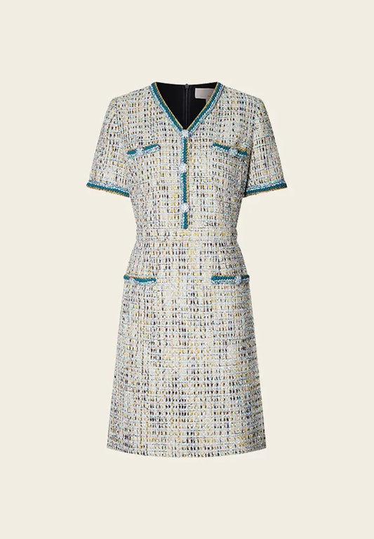 Earth Tone Blue And Gold Detailing Tweed Dress