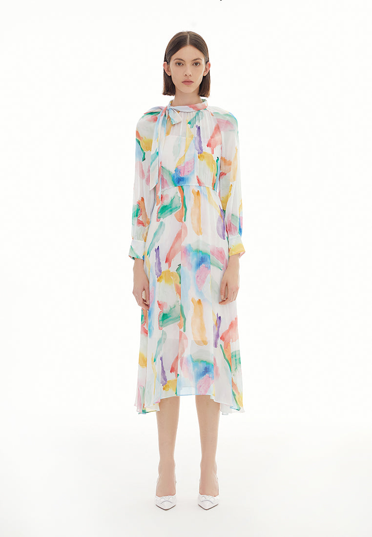 Watercolor Stroke Pussy Bow Collar Dress
