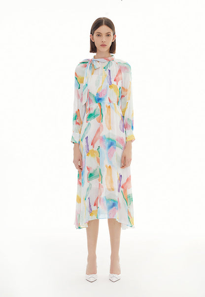 Watercolor Stroke Pussy Bow Collar Dress