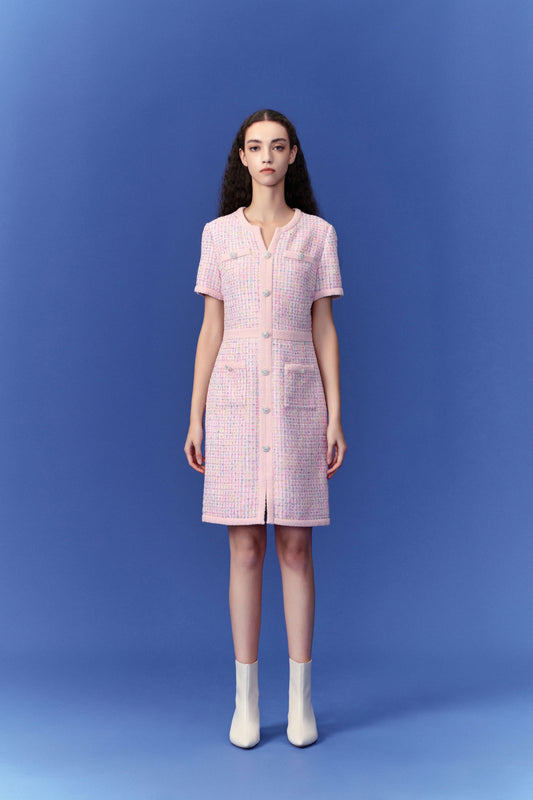 Pastel V-neck Tweed Dress