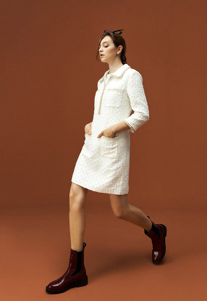 Lapel White Tweed Gold-detailing Long Sleeve Dress