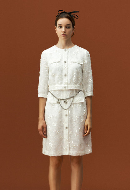 White Tweed Sequin and Bead Detailing Dress with Chain Belt