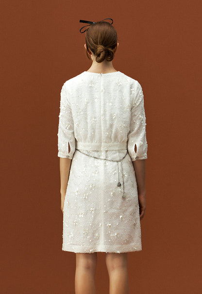White Tweed Sequin and Bead Detailing Dress with Chain Belt