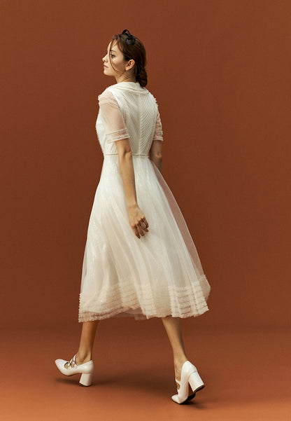 Sequins Rhinestone Embellished Pleated Chiffon Lapel Dress