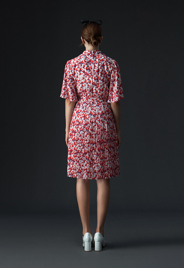 Stand Collar Cut-out Floral Pattern Mid-sleeve Dress