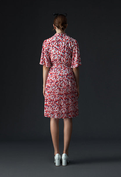 Stand Collar Cut-out Floral Pattern Mid-sleeve Dress