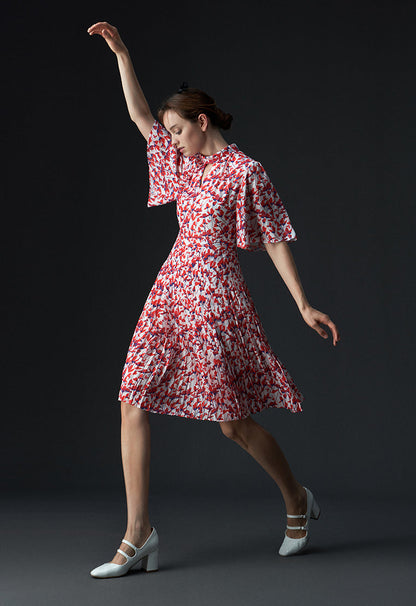 Stand Collar Cut-out Floral Pattern Mid-sleeve Dress