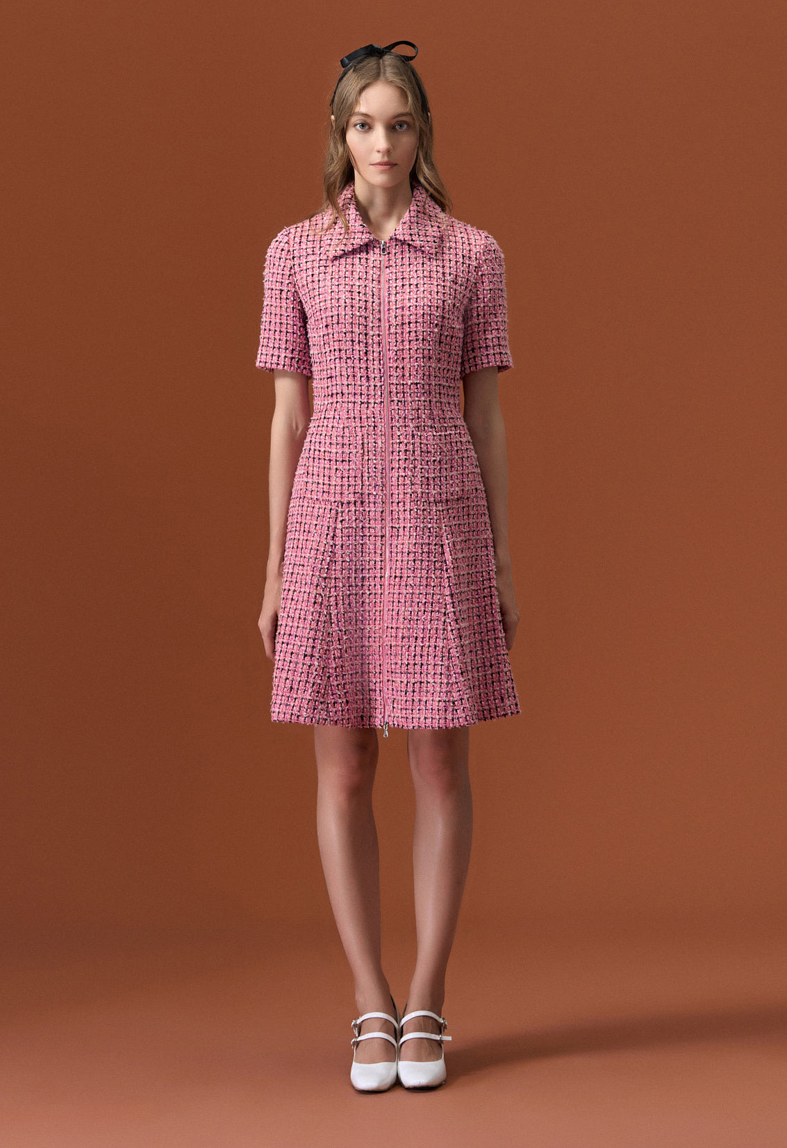 Pink Tweed Lapel Dress
