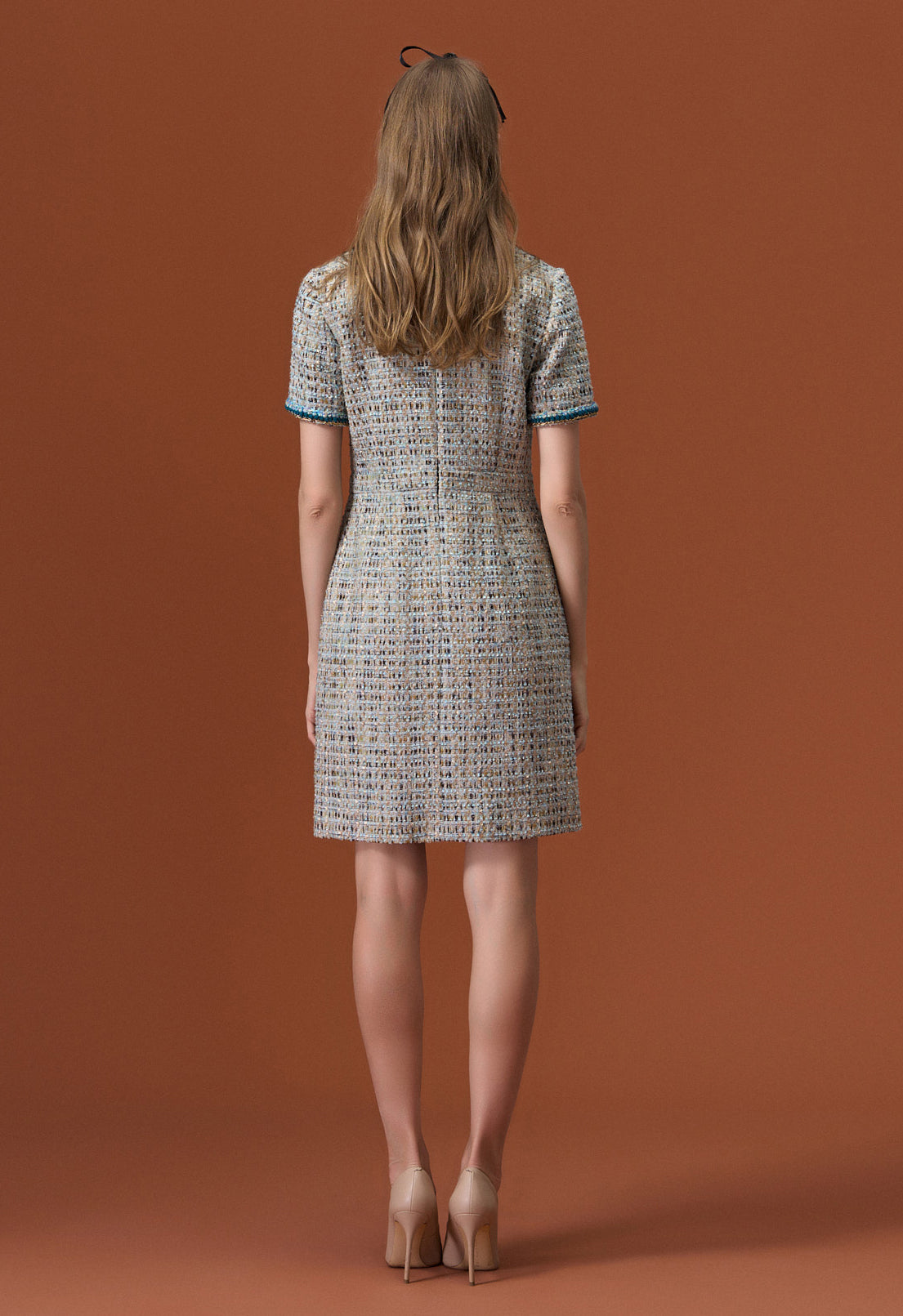 Earth Tone Blue And Gold Detailing Tweed Dress