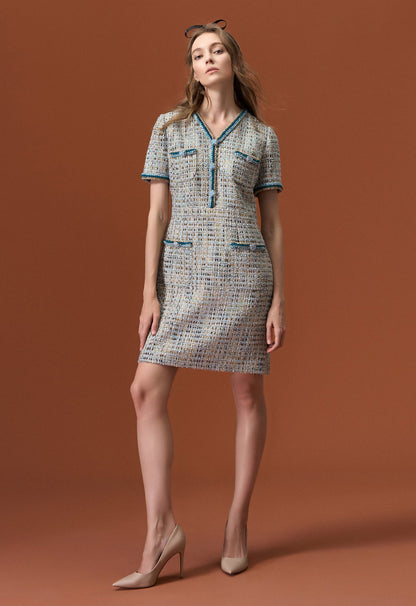Earth Tone Blue And Gold Detailing Tweed Dress