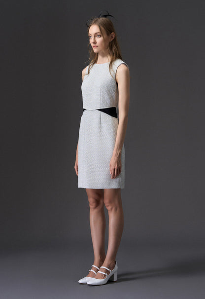 Fake Two Piece Black Detailing Sleeveless Silver Tweed Dress