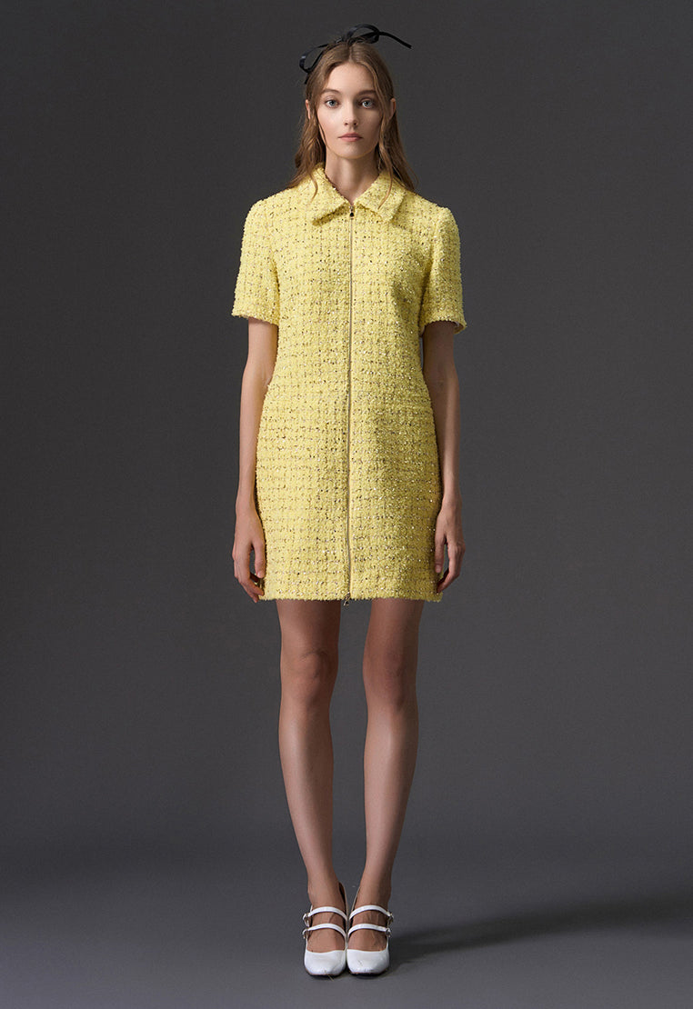 Yellow Short Sleeve Zip Up Front Tweed Dress