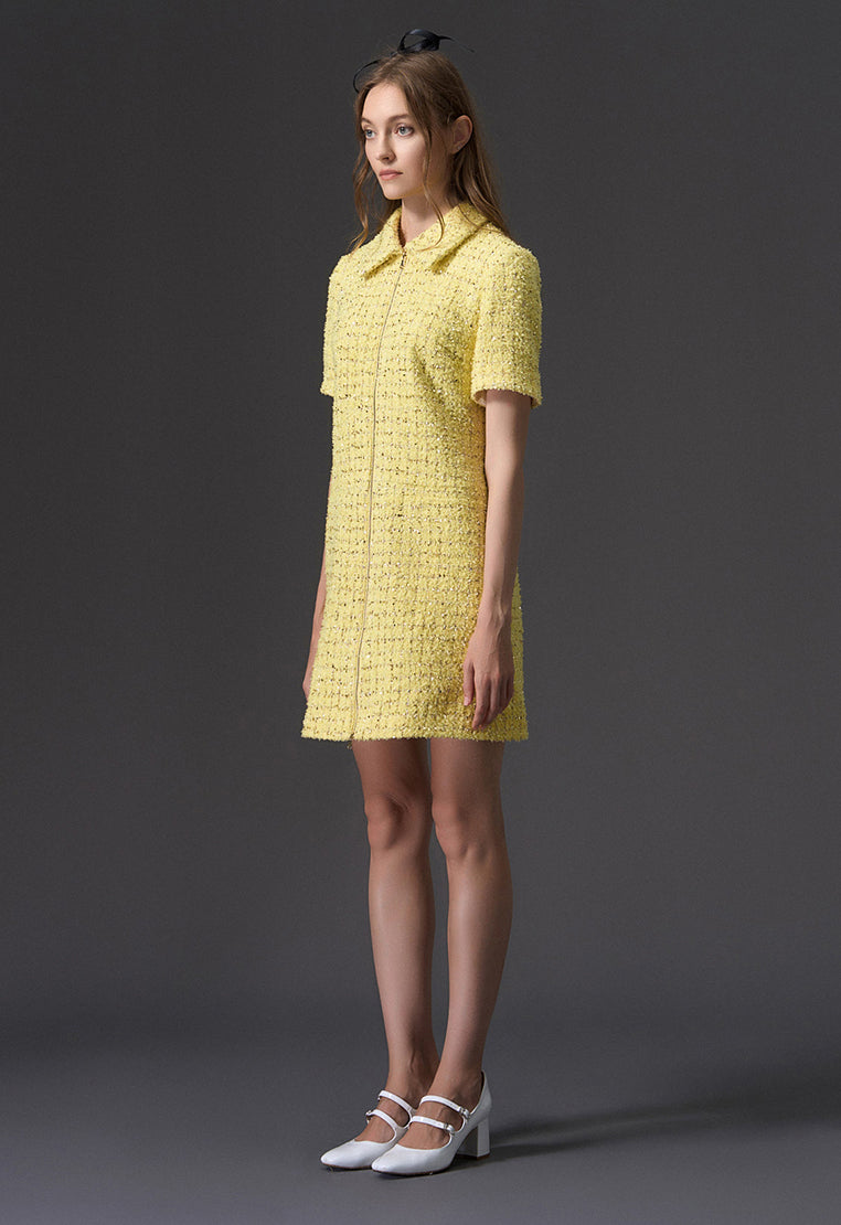 Yellow Short Sleeve Zip Up Front Tweed Dress