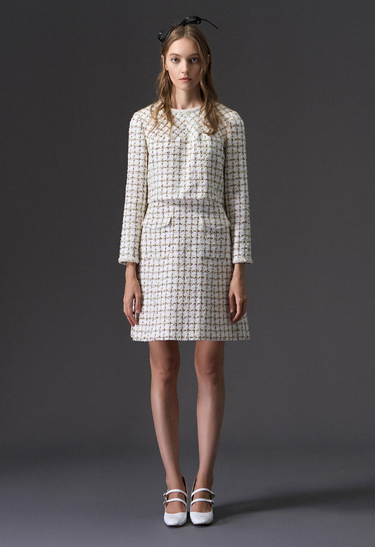 Beige Checked Fake Two Piece Tweed Dress