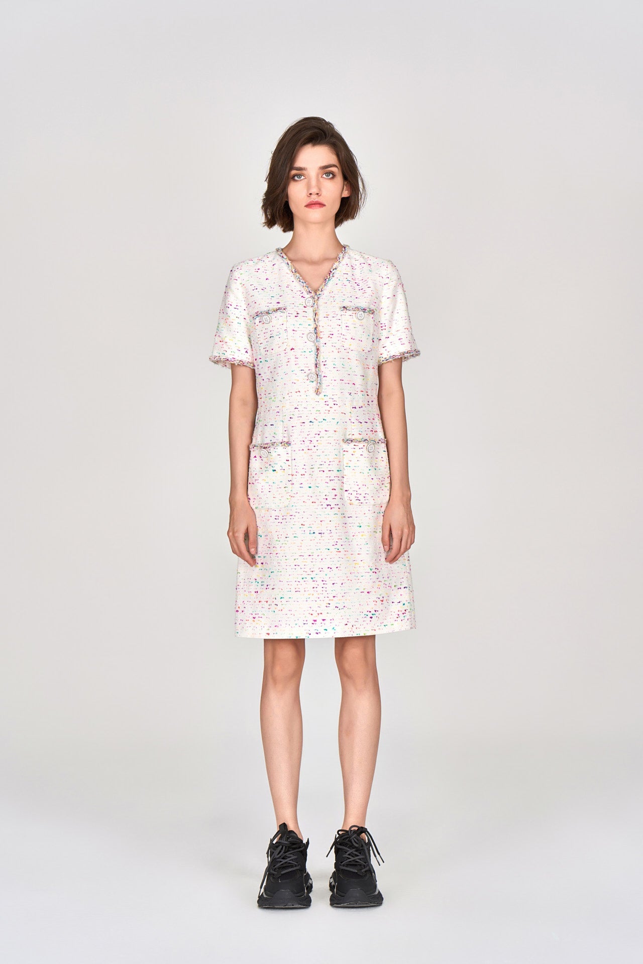 Candy White V-neck Tweed Dress