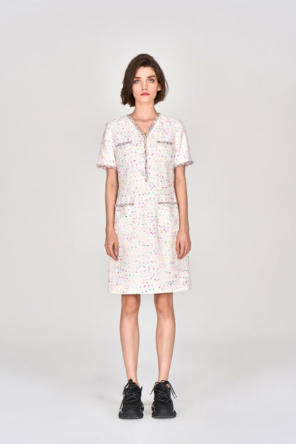 Candy White V-neck Tweed Dress