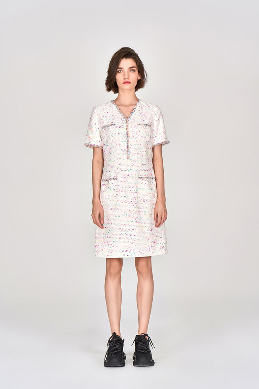 Candy White V-neck Tweed Dress