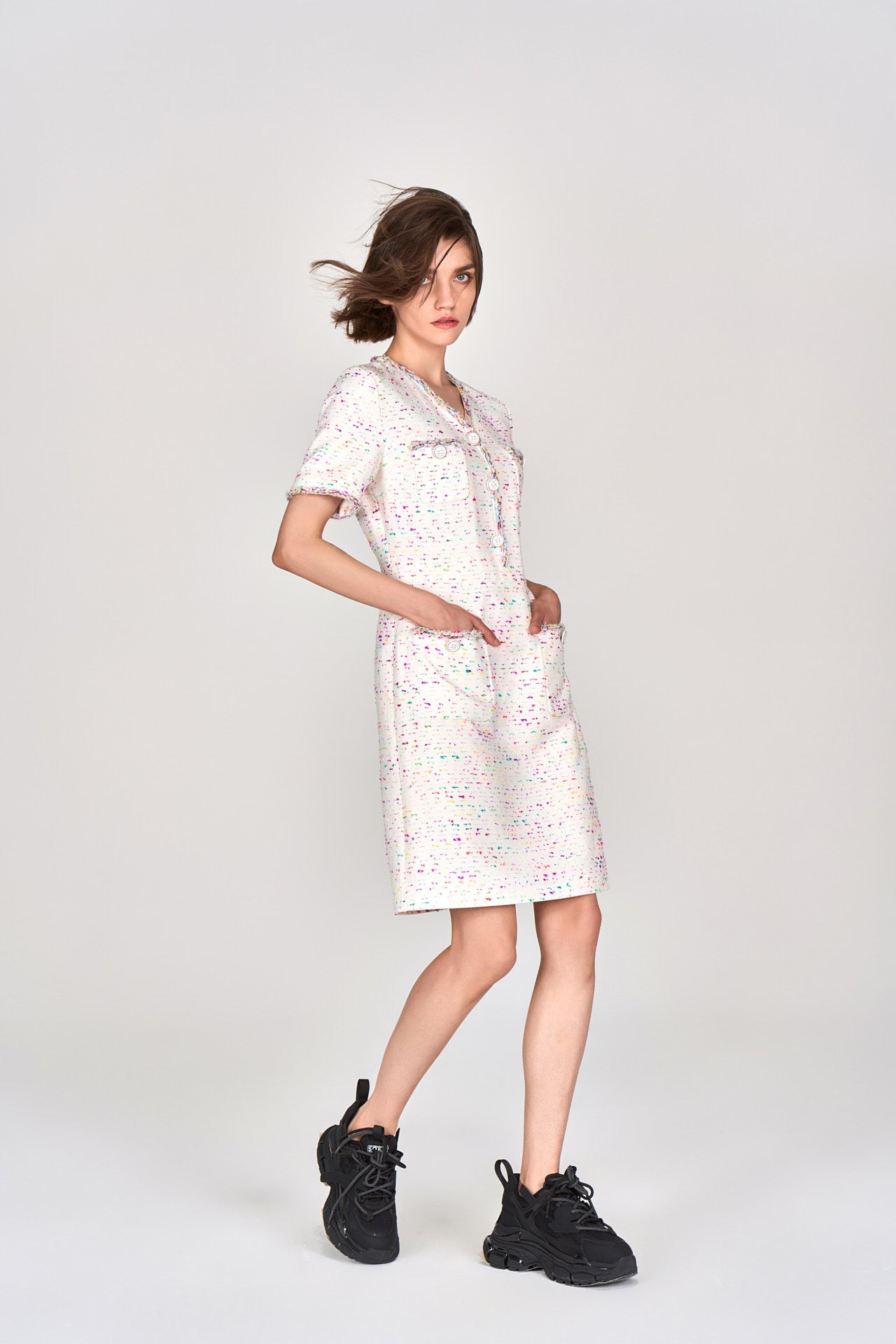 Candy White V-neck Tweed Dress