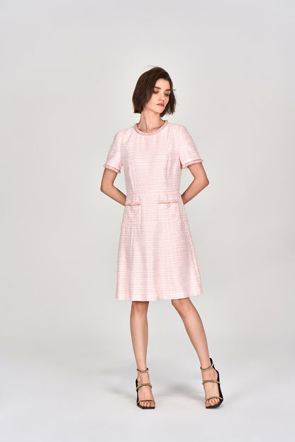 Pink Embellished Flared Tweed Dress