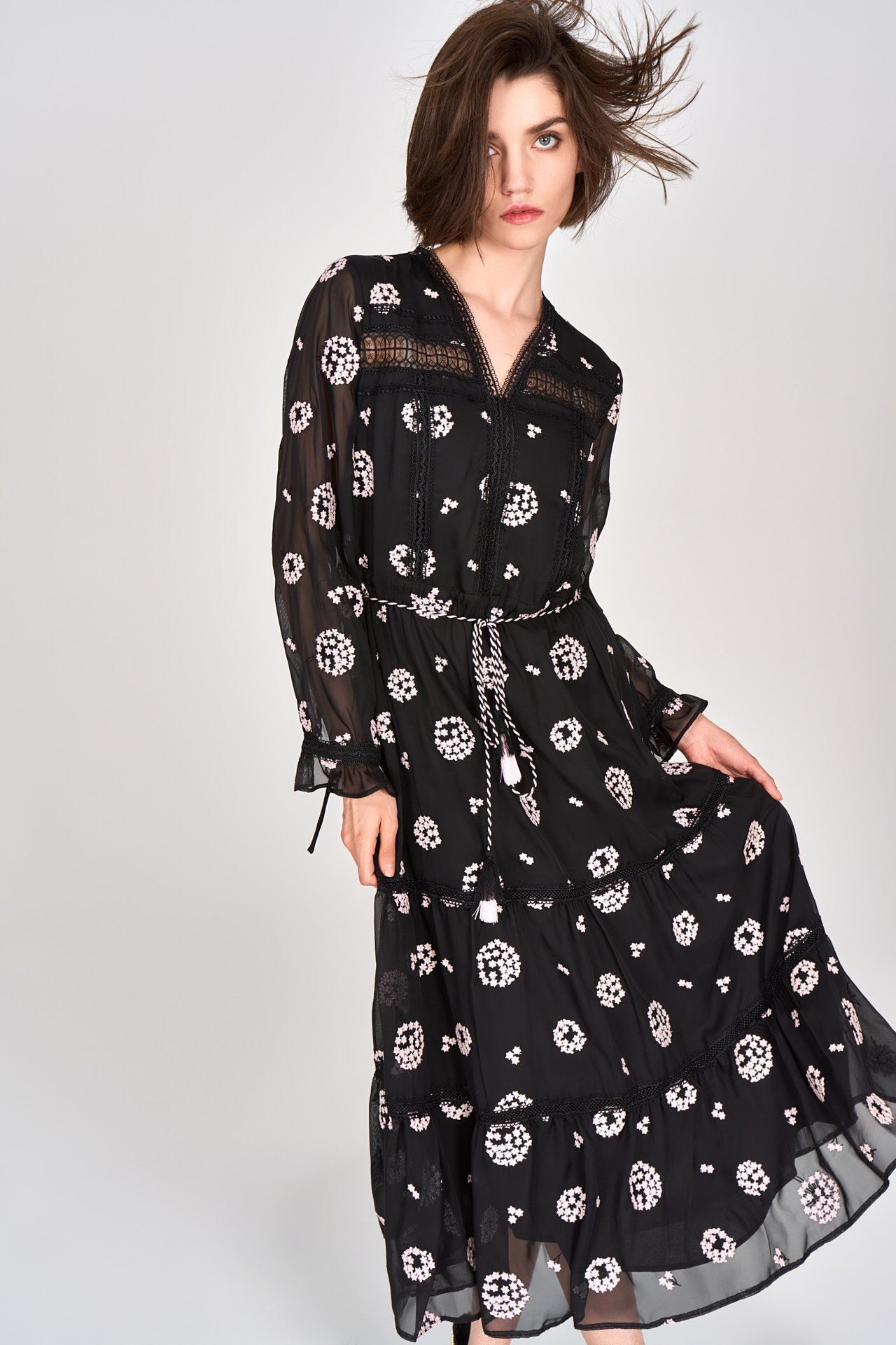 Black Embroidered Tie-waist Dress