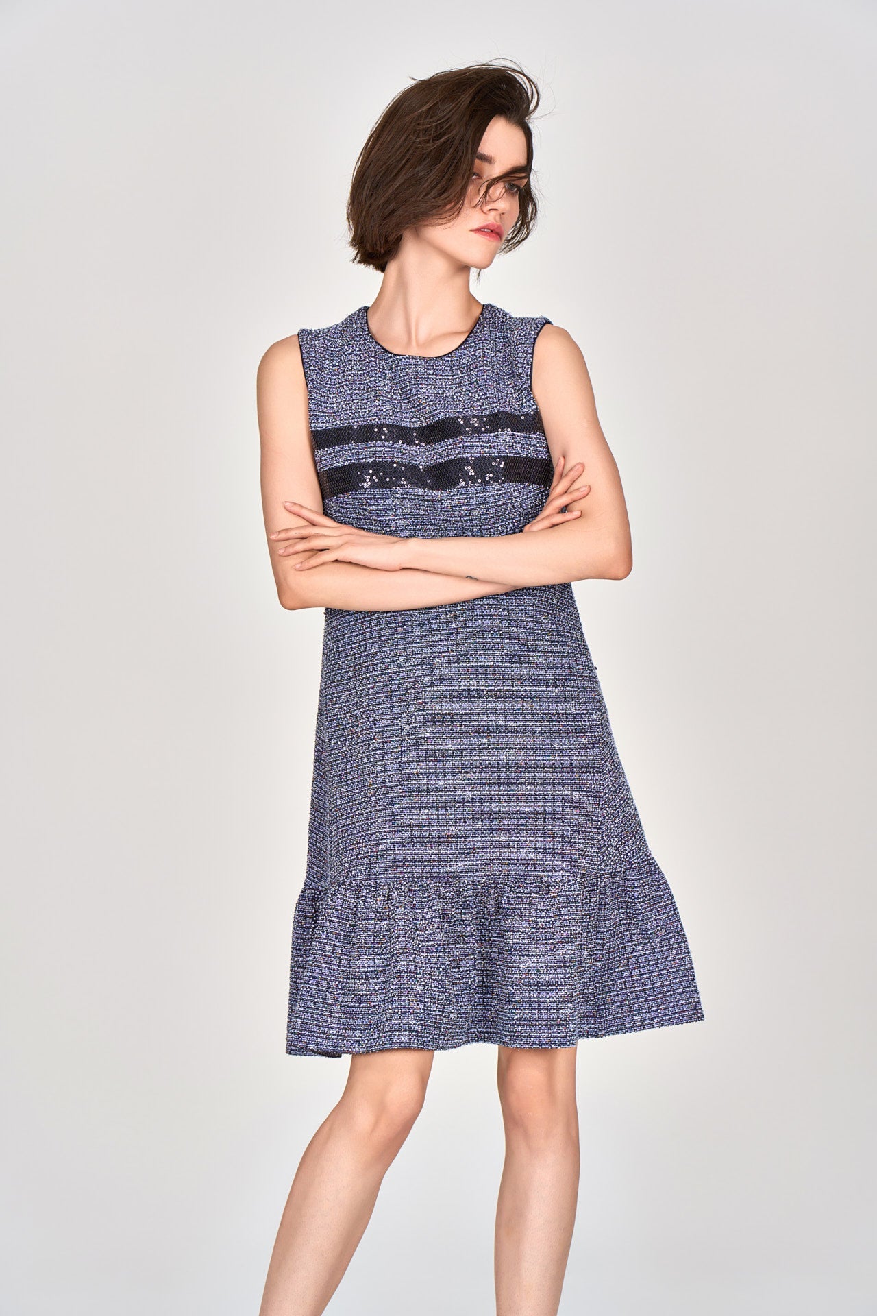 Midnight Blue Sleeveless Tweed Dress