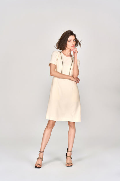 Custard Beaded Crepe Midi Dress