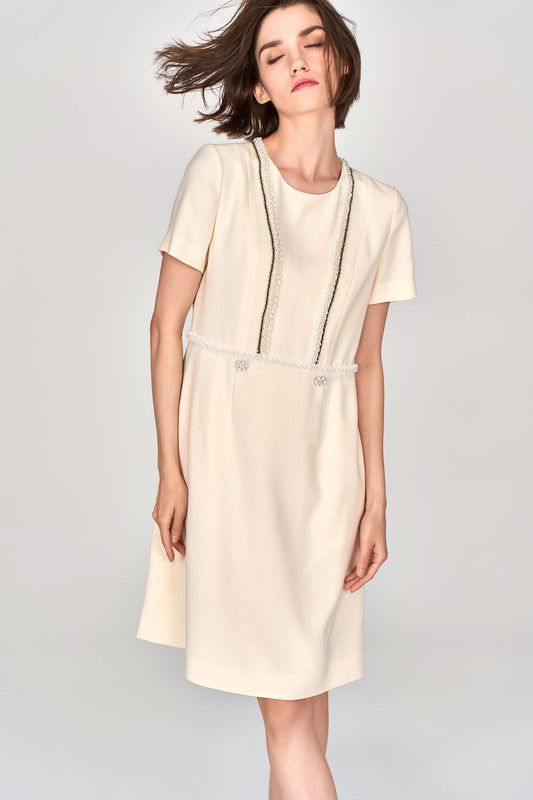 Custard Beaded Crepe Midi Dress