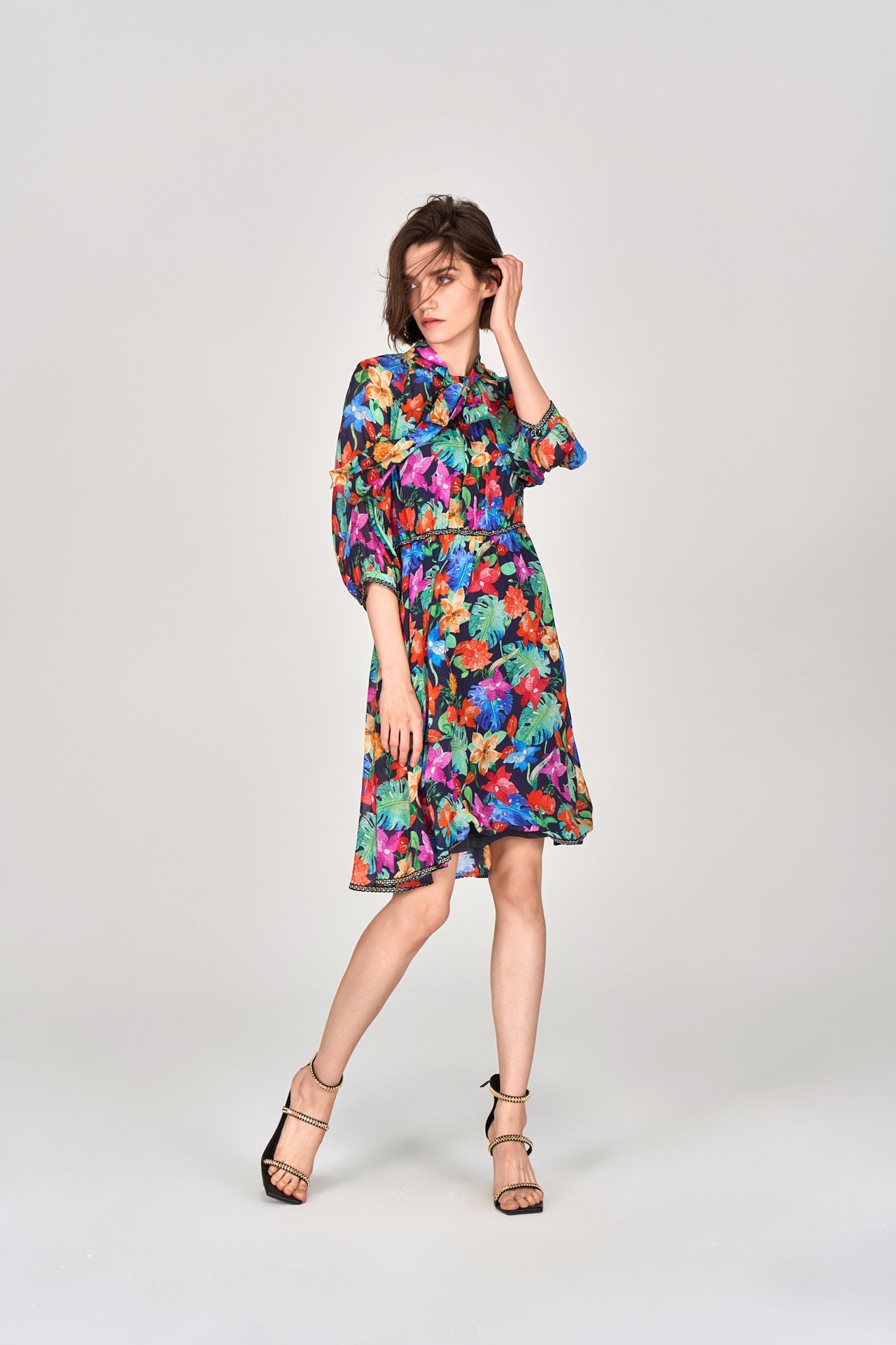 Tropical Flowers Pussy Bow Chiffon Dress
