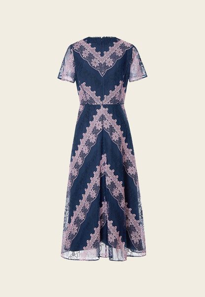 Blue Embroidered Lace Short-sleeved Mesh Dress