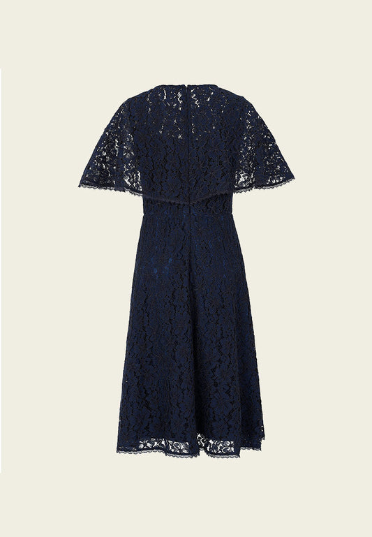 Butterfly-embroidered blue lace dress