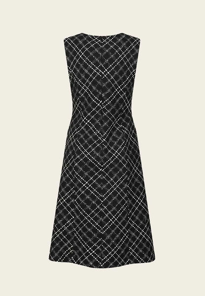 Black Plaid Sleeveless Tweed Dress