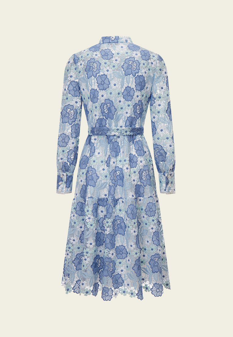 Summer Blue Stand Collar Lace Dress