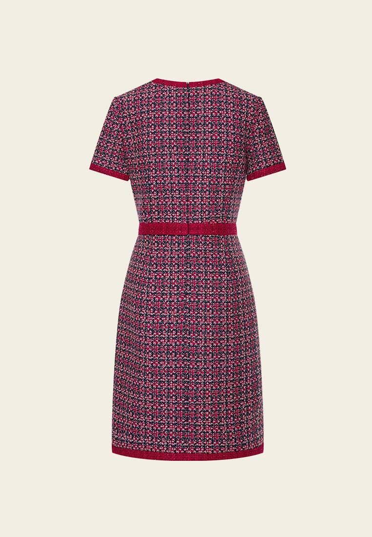 Red Tweed Embellished Button Dress