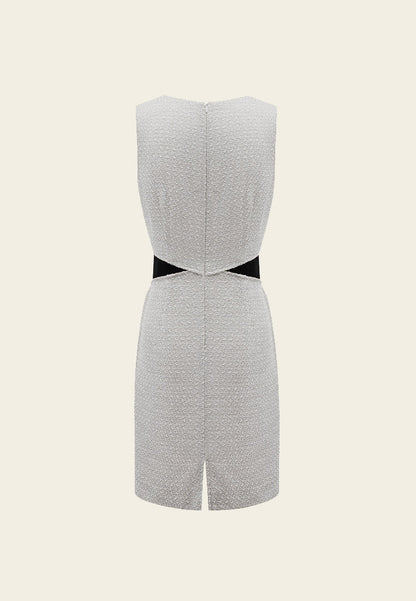 Fake Two Piece Black Detailing Sleeveless Silver Tweed Dress