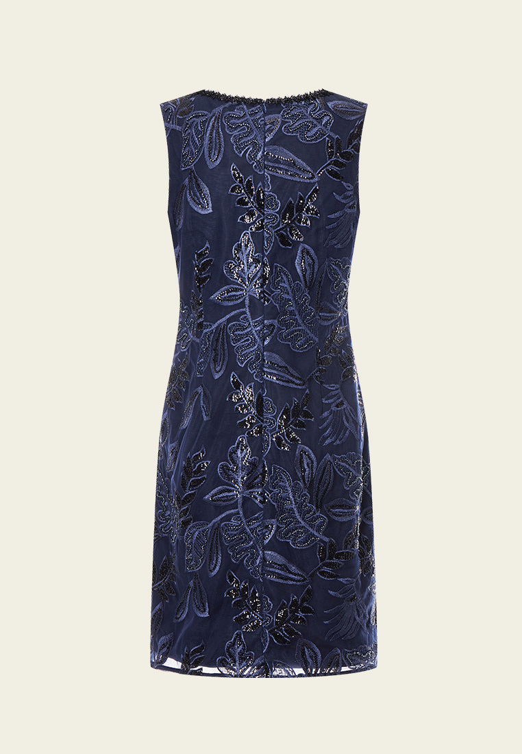 Dark Blue Embroidered Mesh Sleeveless Dress