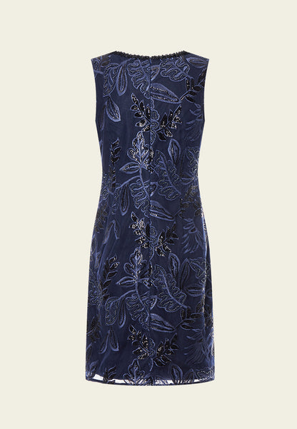 Dark Blue Embroidered Mesh Sleeveless Dress