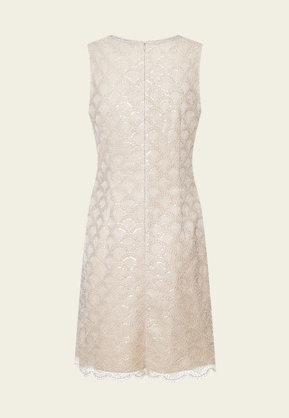 Beige Embroidered Mesh Sleeveless Dress