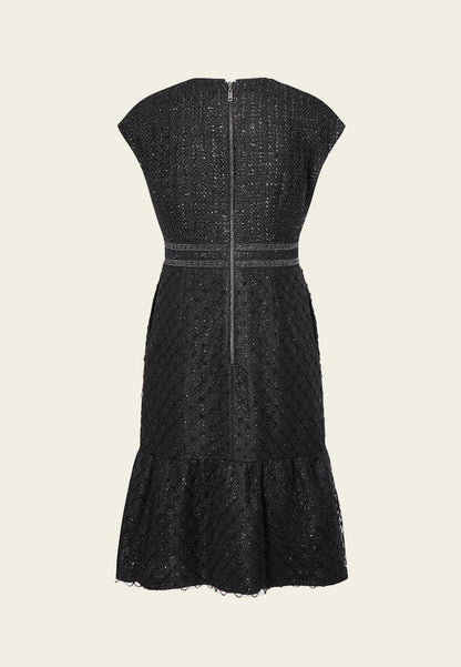 Black Cap-sleeved Embroidered Mesh Tweed Dress