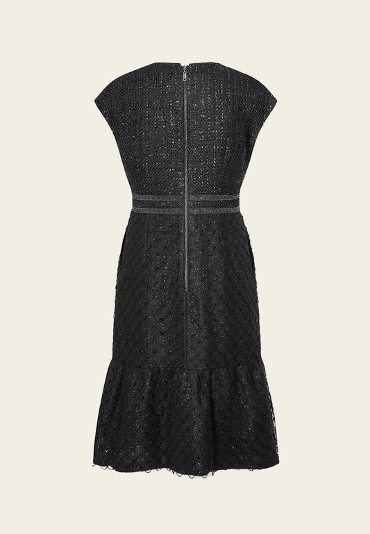 Black Cap-sleeved Embroidered Mesh Tweed Dress