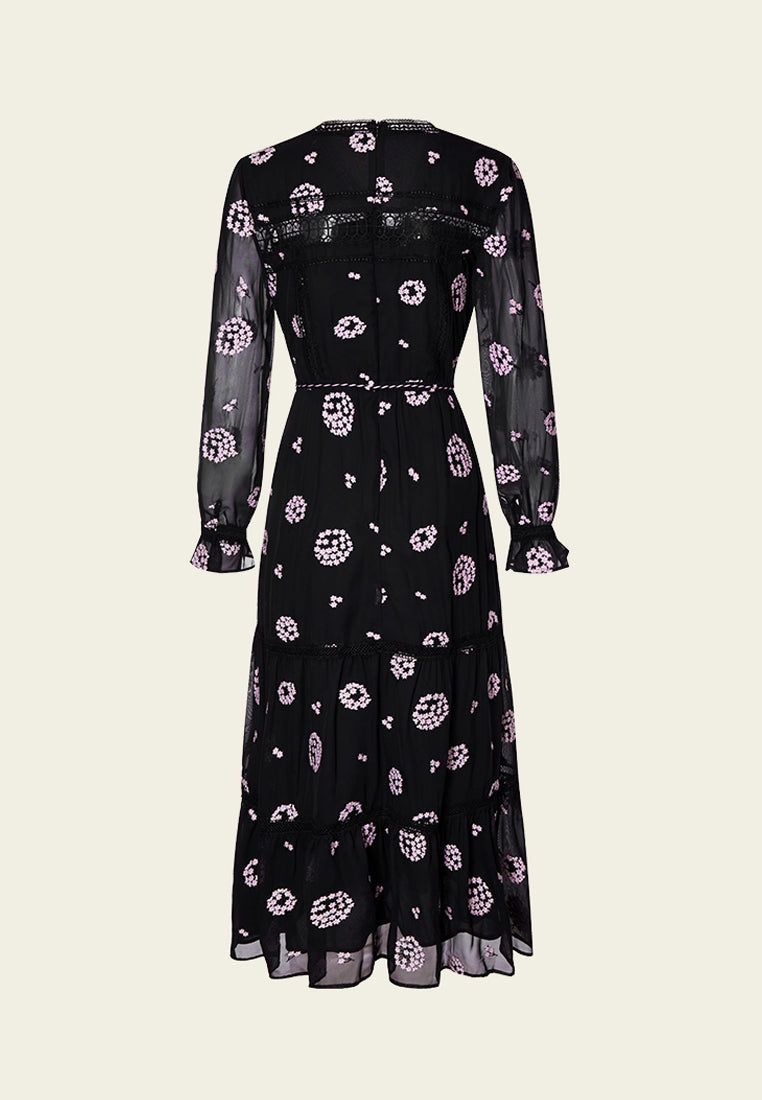 Black Embroidered Tie-waist Dress