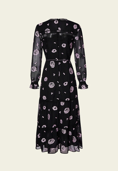 Black Embroidered Tie-waist Dress