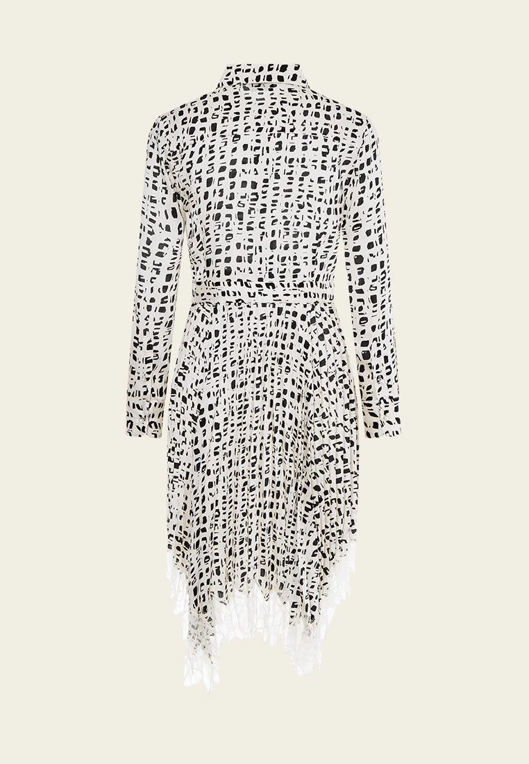 Beige Printed Collar Pleated Midi Dress