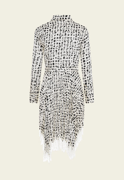 Beige Printed Collar Pleated Midi Dress