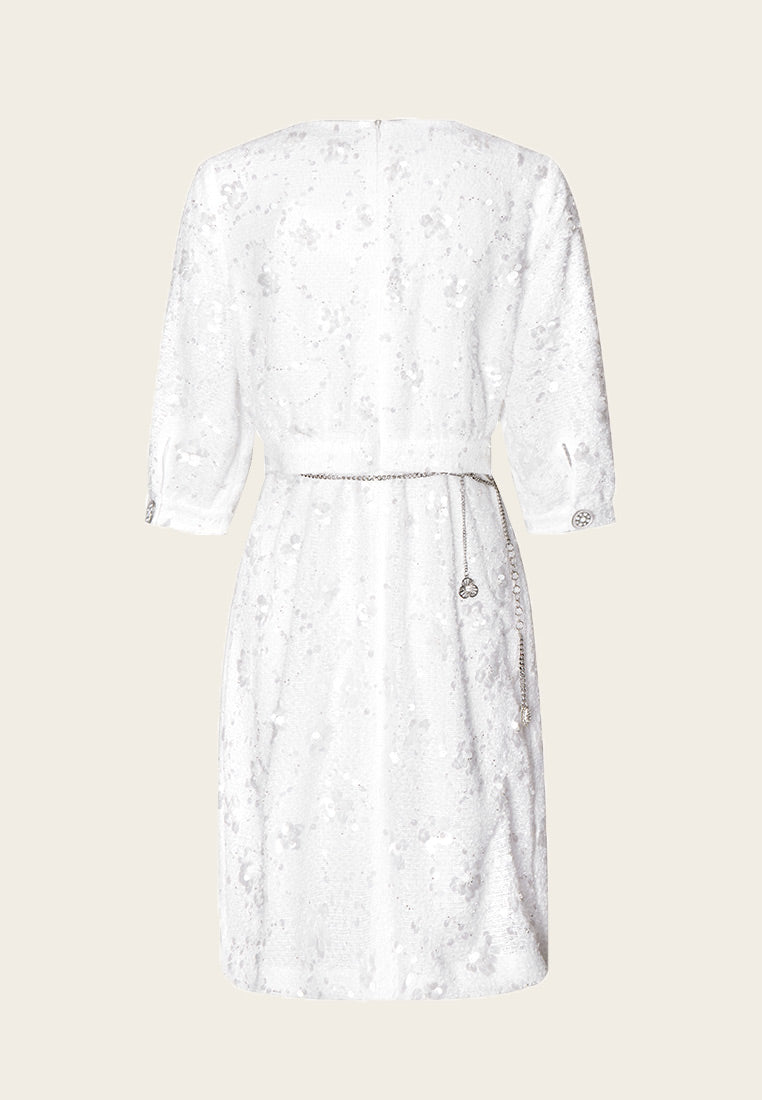 White Tweed Sequin and Bead Detailing Dress with Chain Belt