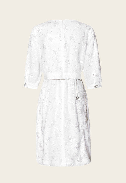 White Tweed Sequin and Bead Detailing Dress with Chain Belt