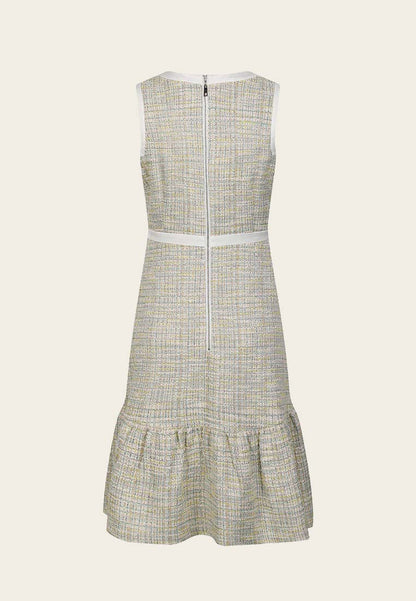 Ruffle-detailing White Lining Mix-green Tweed Dress
