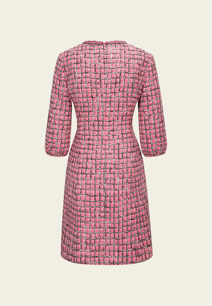 Pink Puff Sleeve Tweed Midi Dress