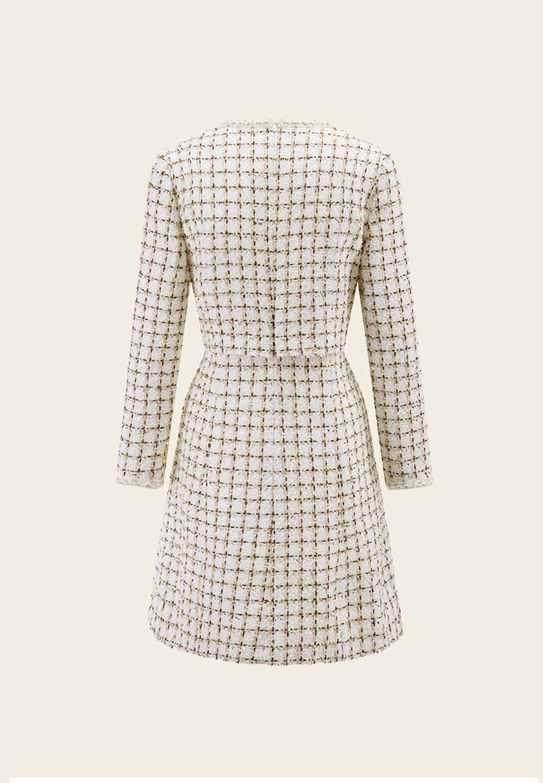 Beige Checked Fake Two Piece Tweed Dress