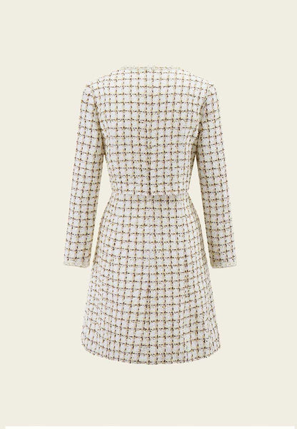 Beige Checked Fake Two Piece Tweed Dress